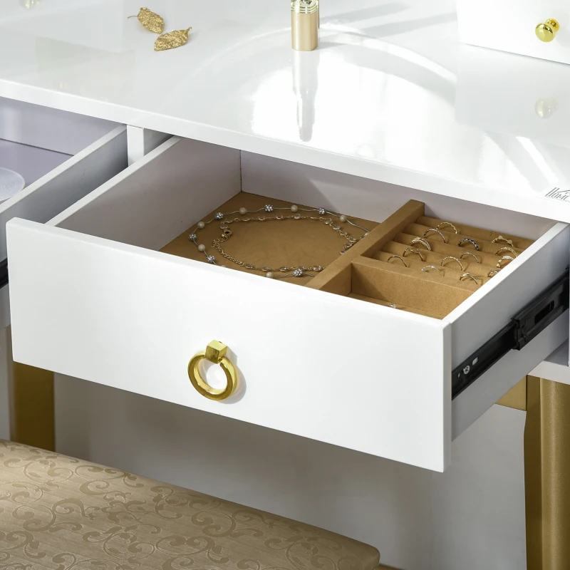 HOMCOM Toucador com Espelho com Luz LED e Banco Conjunto de Mesa de Maquilhagem com 4 Gavetas de Armazenamento para Dormitório 80x40x133cm Branco