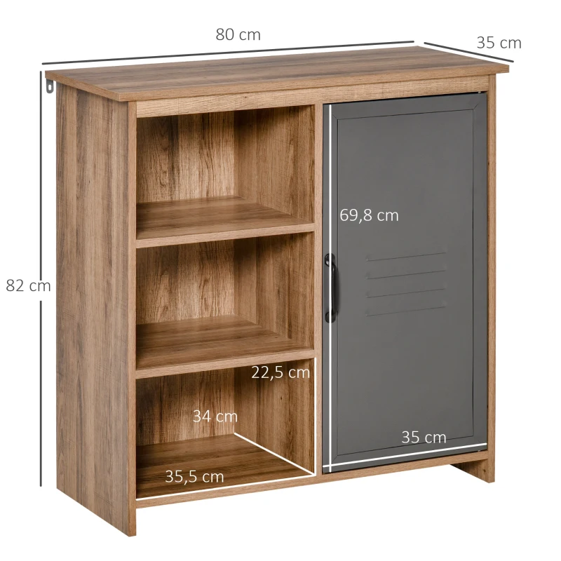 HOMCOM Aparador com Porta de Metal Móvel Auxiliar com 3 Prateleiras Abertas e Armário com Porta e Prateleira Ajustável 80x35x82cm Madeira Natural