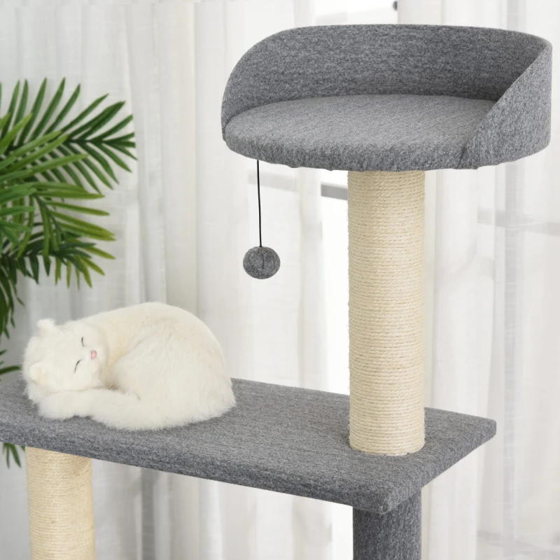 PawHut Árvore Arranhador para Gatos Grande 61x49x160,5cm Torre de Escalada de Múltiplos Níveis com Caverna Espaçosa Rede Postes e Brinquedo Suspenso Estofamento Suave Cinza