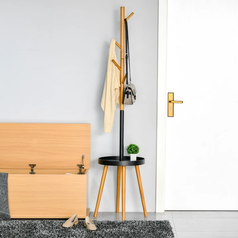 HOMCOM Cabide de Pé com Mesinha Auxiliar Redonda e 5 Ganchos com Altura Ajustável para Casacos Chapéus Bolsos Entrada 40x40x179cm Madeira Natural Preto