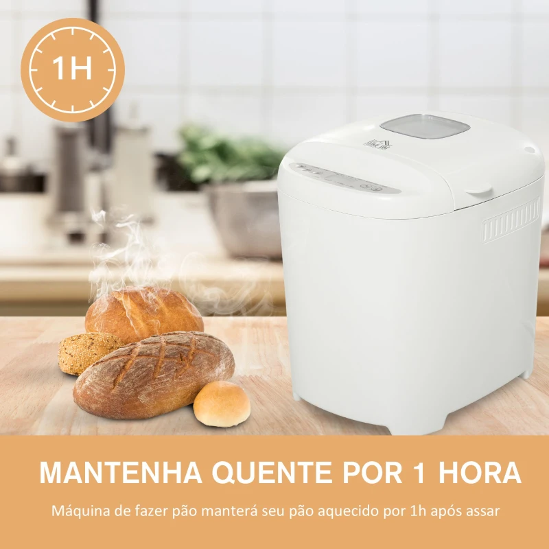 HOMCOM Máquina de Pão Automática com 11 Programas para Pães e Doces com Tela de LCD Temporizador programável de 13 horas em Aço Inoxidável  29,6x23,3x29,2 cm Branco
