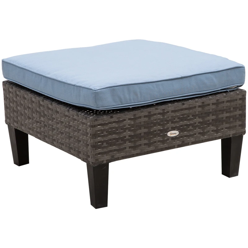 Outsunny Conjunto de Móveis de Vime 4 Peças com Mesa de Centro com Bancada de Vidro Temperado e Apoio para os Pés Cinza e Azul