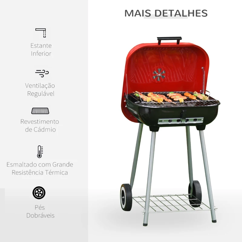 Outsunny Barbecue a Carvão com Rodas e Prateleira e Tampa para Jardim Exterior Campismo 46x52,5x76cm Vermelho e Preto