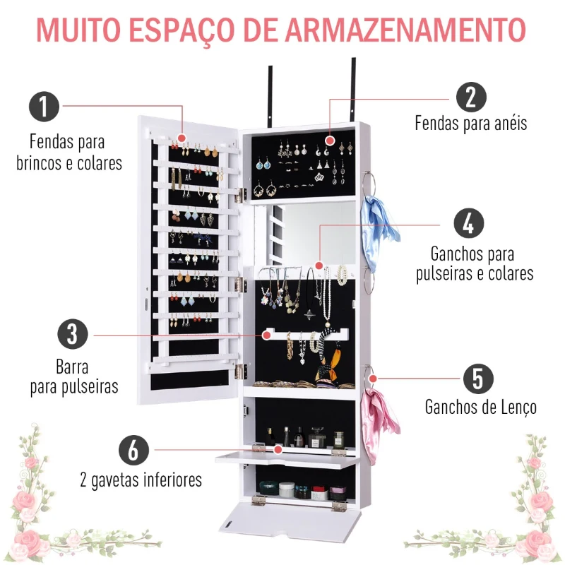 HOMCOM Espelho com Móvel de Bijuterias de Parede ou Porta Armário Porta Jóias com Altura Ajustável 2 Prateleiras Fechadas com Portas e Organizador de Jóias 35,5x9,5x102cm Branco