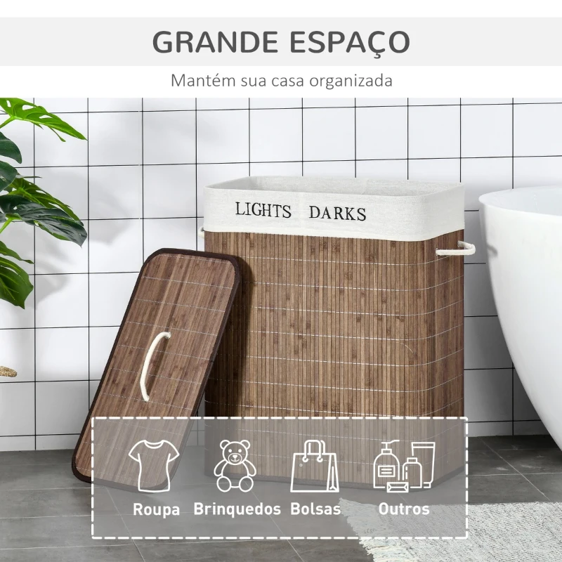 HOMCOM Cesto de Roupa de Bambú Capacidade de 100L Cesta para Roupa Suja Retangular com Tampa Removível Bolsa com 2 Compartimentos 52x32x63cm Marrom