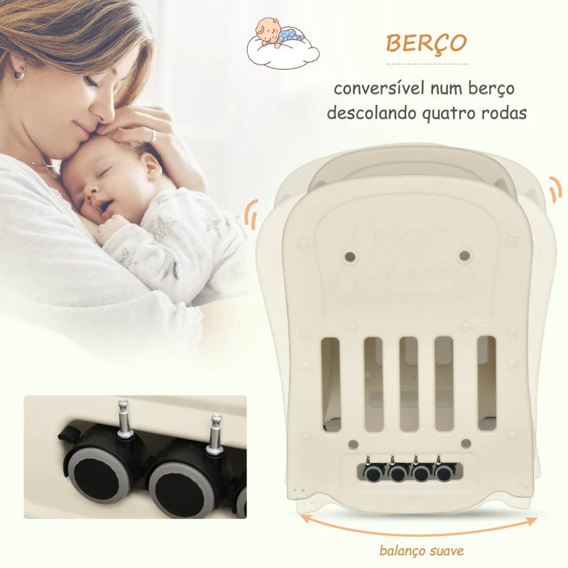 HOMCOM Berço para bebê 0-3 anos ajustável em 2 alturas conversível em balanço carga 25kg 107x70x100 cm bege