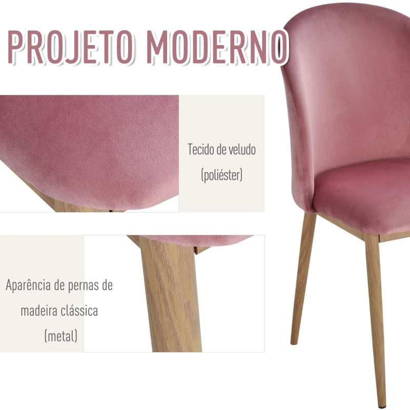 HOMCOM Conjunto de 2 Cadeiras de sala de jantar moderno assento estofado ergonômico 50x58x85cm Rosa