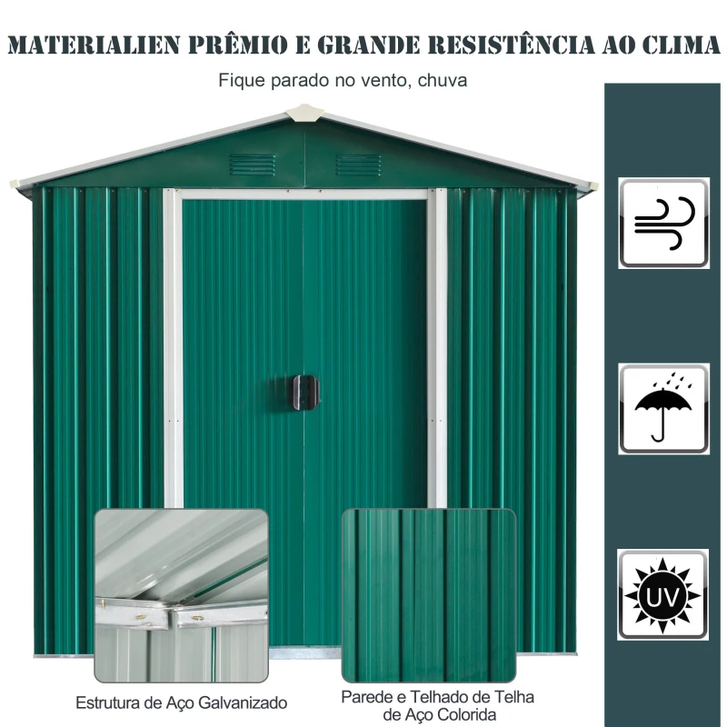 Outsunny Galpão de jardim 2,2 m² Galpão de armazenamento de ferramentas de aço galvanizado com porta deslizante 194x110x184 cm Verde