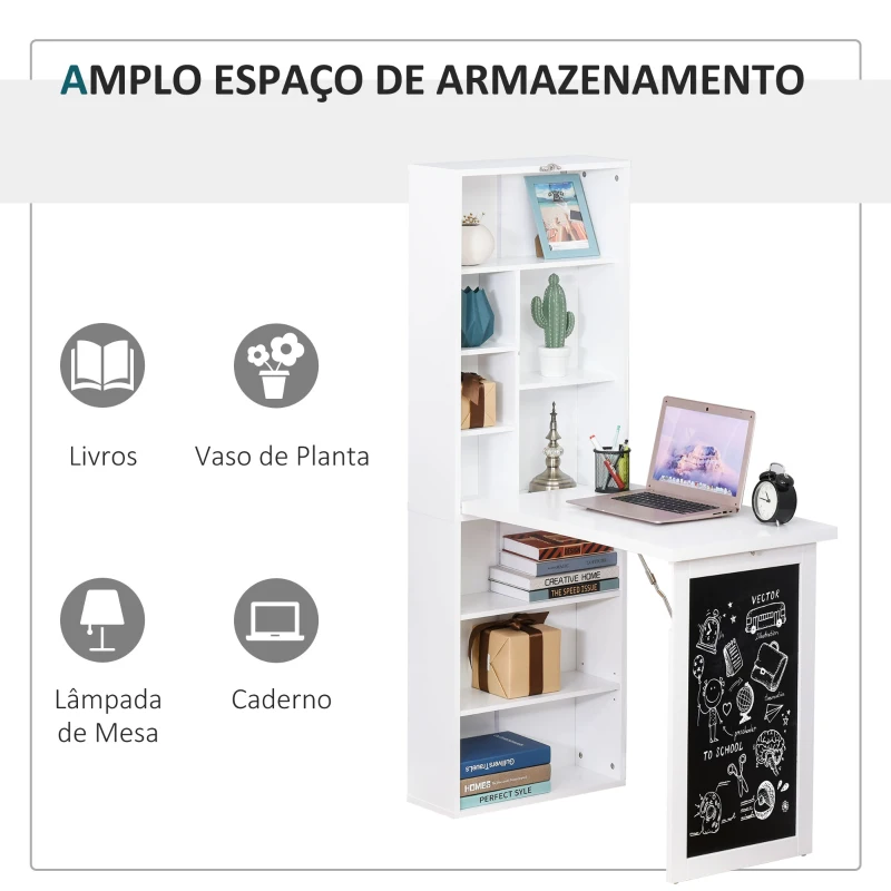 HOMCOM Secretária Dobrável com Prateleira Quadro Preto e Várias Estantes Conversíveis ​​98x51x153 cm Branco