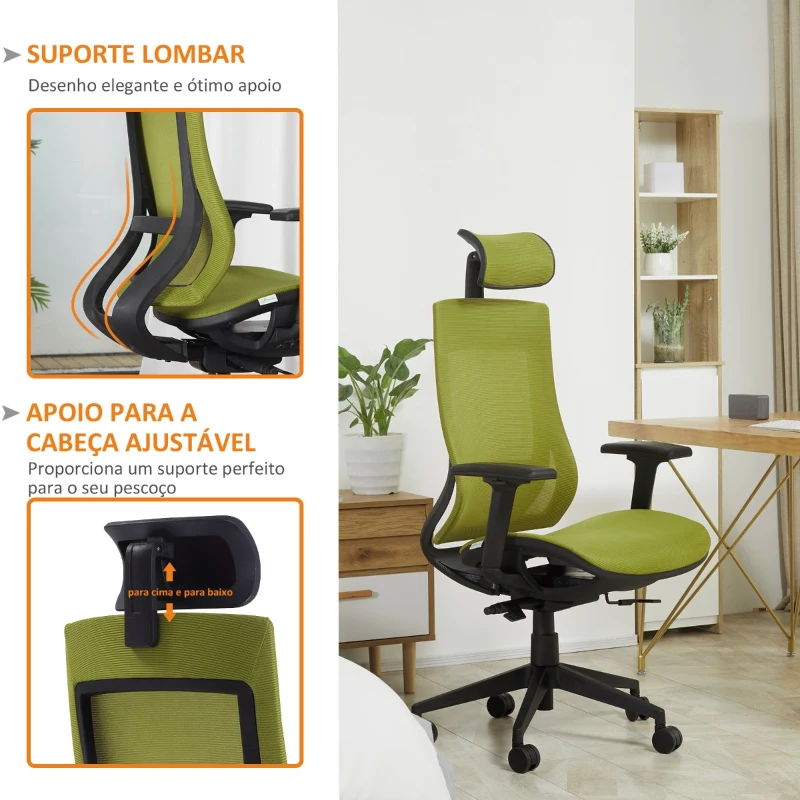 Vinsetto Cadeira de Escritório Giratória Ergonômica com Altura Ajustável Apoio para os Braços Apoio para a Cabeça e Encosto Alto de Malha 66,5x66x120-128cm Verde