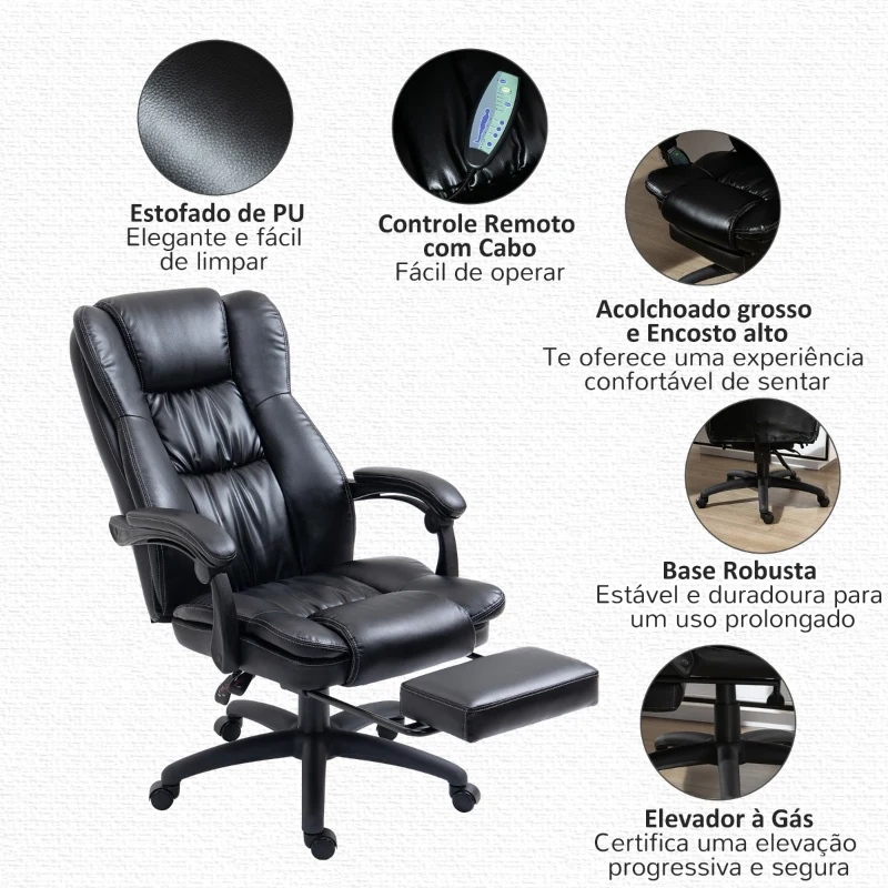 Vinsetto Cadeira de Escritório e Giratória Cadeira de Escritório com Altura Ajustável 6 Pontos de Massagem Controle Remoto e Apoio para os Pés Retrátil 68,5x68,5x119-127cm Preto