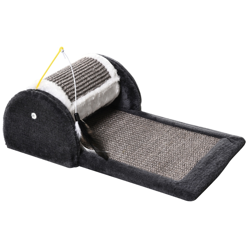PawHut Arranhador para Gatos com Rolo Placa para Arranhar Revestidos de Sisal Natural e Brinquedo Suspenso Centro de Atividades para Animais de Estimação 45x25x16 cm Cinza e Branco