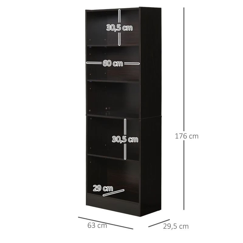 HOMCOM Estante para Livros de 5 Níveis com Prateleira Ajustável e Desenho Anti-Tombo Estante de Armazenamento 63x29,5x176 cm Preto