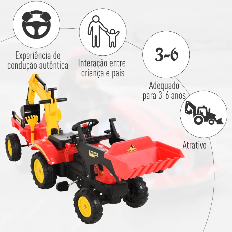 HOMCOM Trator de pedais para crianças acima de 3 anos com reboque e pá frontal 179x42x59 cm Vermelho