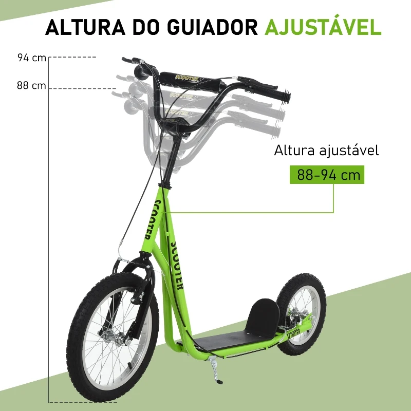 HOMCOM trotinete para crianças acima de 5 anos Guiador ajustável Rodas infláveis 135x58x88-94 cm Verde