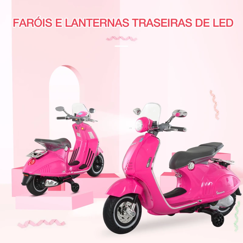 HOMCOM Mota Elétrica Vespa com Faróis Música 2 Rodas Auxiliares para Crianças acima de 3 Anos 108x49x75 cm Rosa