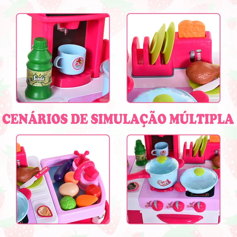 HOMCOM Cozinha para Crianças acima de 3 Anos Cozinha Infantil com 38 Acessórios Luz Som 78x29x87 cm Rosa