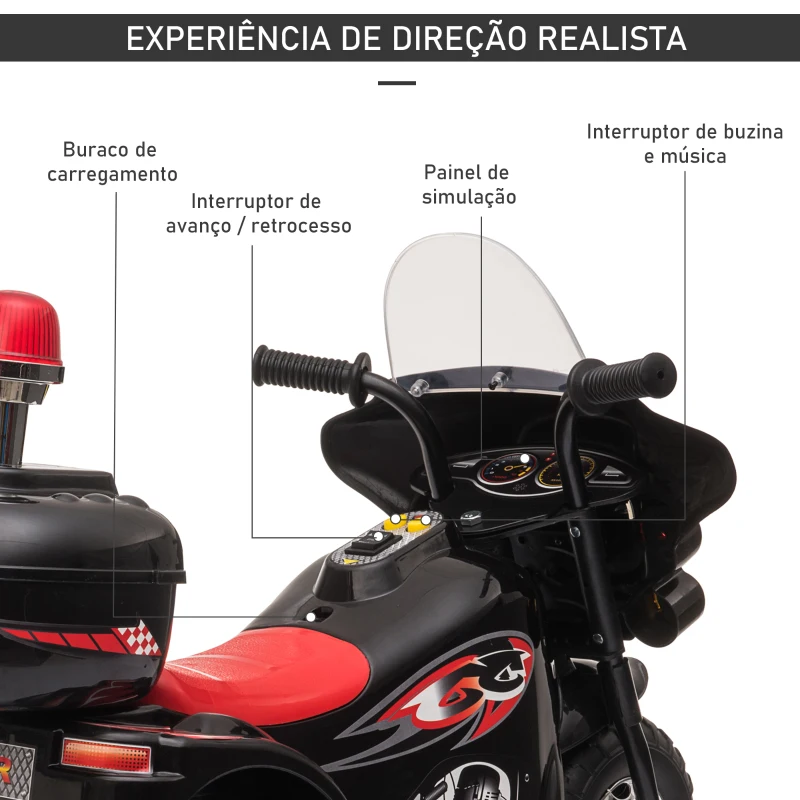 HOMCOM Mota Elétrica para Crianças de 18-36 Meses Motocicleta Infantil com 3 Rodas e Bateria 6V com Música Buzina Farol Baú 80x35x52cm Preto