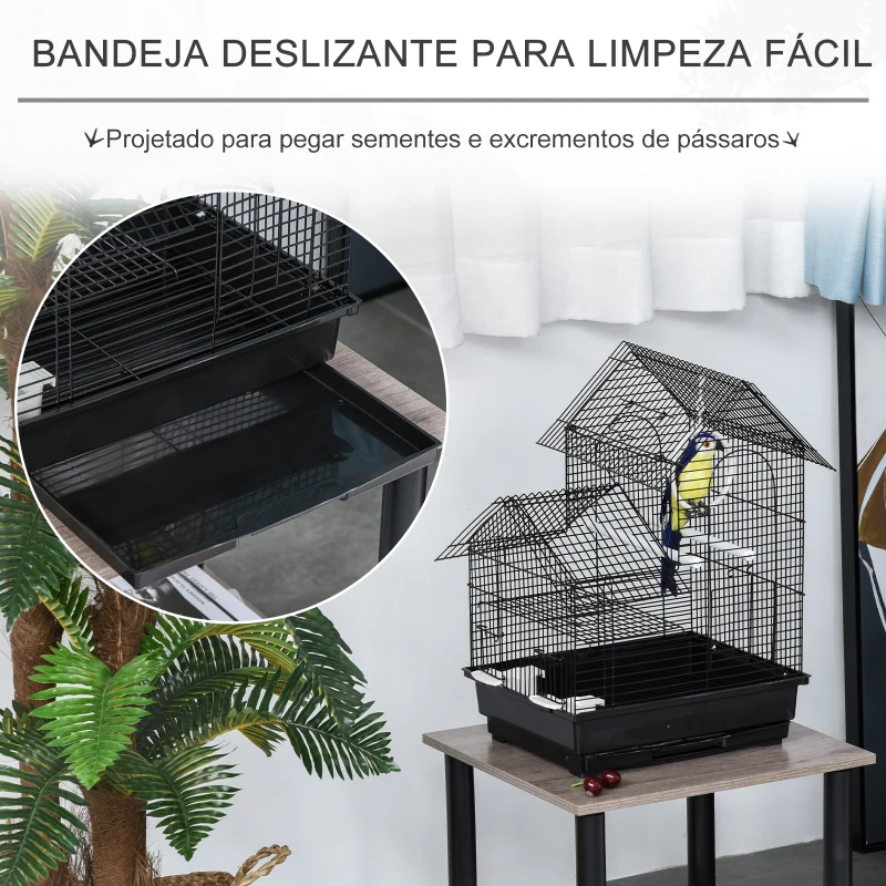 PawHut Gaiola metálica para pássaros com alimentadores ganchos giratórios e bandeja removível  39x34x47 cm Preto