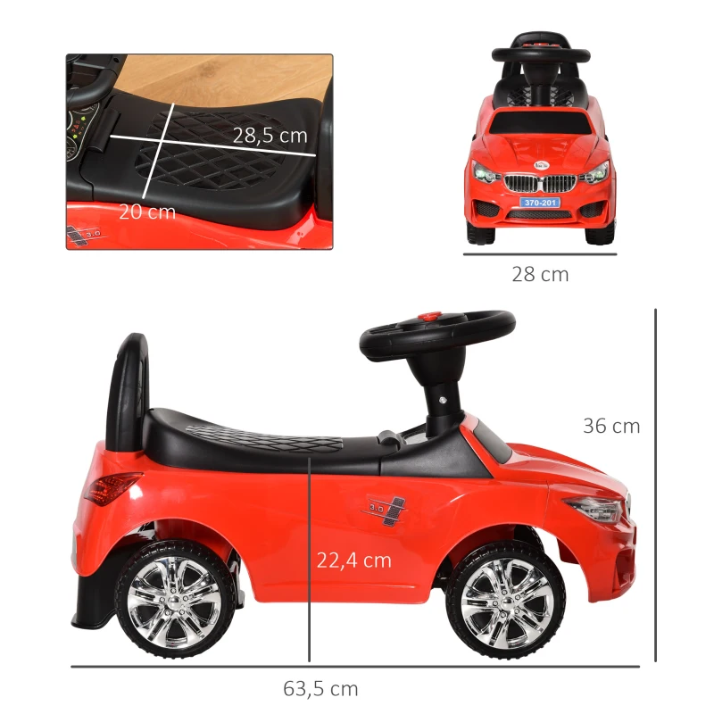 HOMCOM Carro Andador para Crianças de 18-36 Meses com Faróis Música Buzina Volante Compartimento de Armazenamento e Alça para Empurrar 63,5x28x36 Vermelho