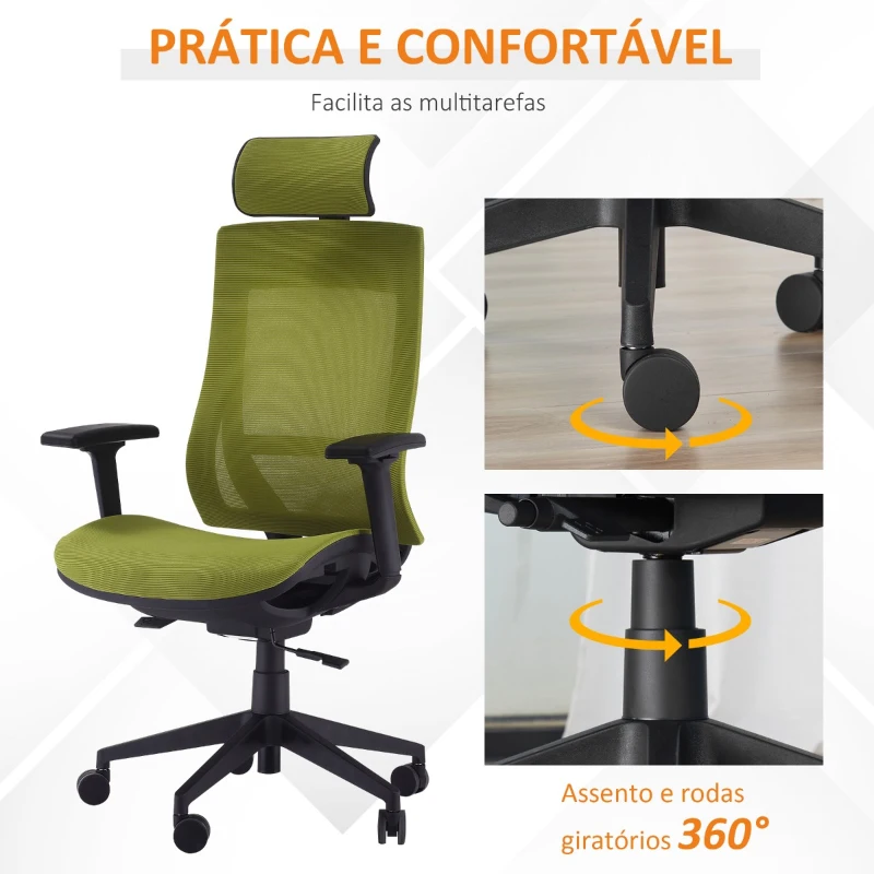 Vinsetto Cadeira de Escritório Giratória Ergonômica com Altura Ajustável Apoio para os Braços Apoio para a Cabeça e Encosto Alto de Malha 66,5x66x120-128cm Verde