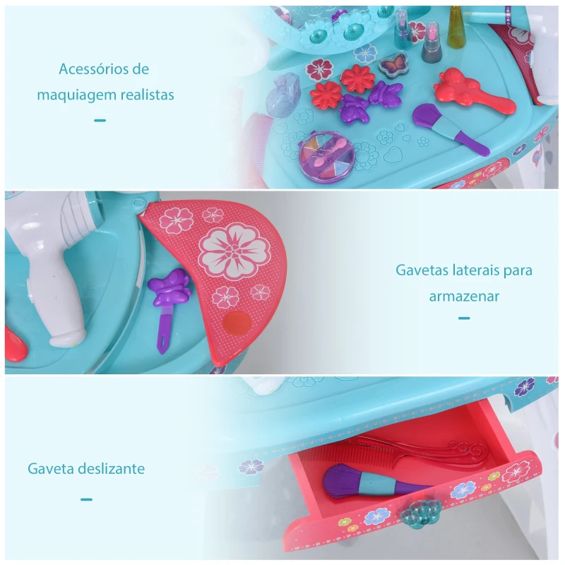 HOMCOM  Penteadeira com banquinho Função de música Luzes para crianças acima de 3 anos Inclui 29 peças penteadeira de brinquedo infantil 49,5x23,5x69,5 cm azul
