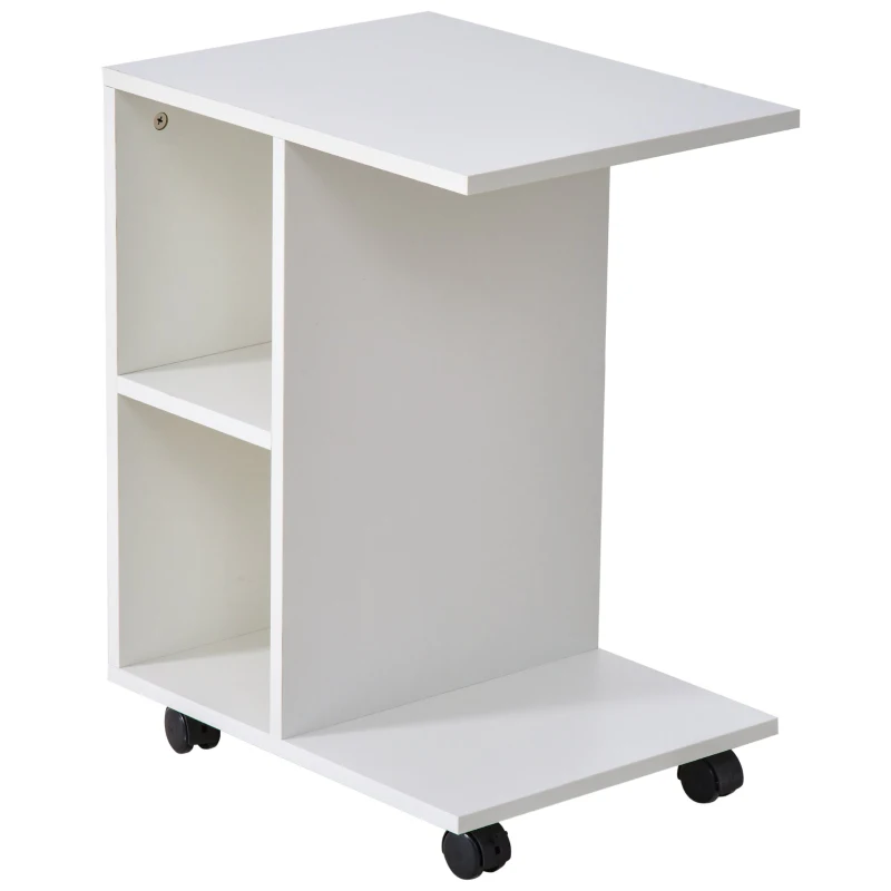 HOMCOM Mesa Auxiliar Moderna Mesa Auxiliar em Forma de C com Rodas e Prateleiras Abertas 45x35x58 cm Branca