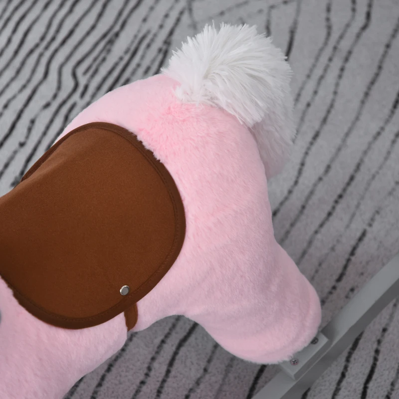 HOMCOM Cavalo Baloiço para Crianças de 18-36 Meses Cavalo de Balançar com Ursinho de Pelúcia Sons de Relinchos e Galopes base de Madeira 65x26x55cm Rosa