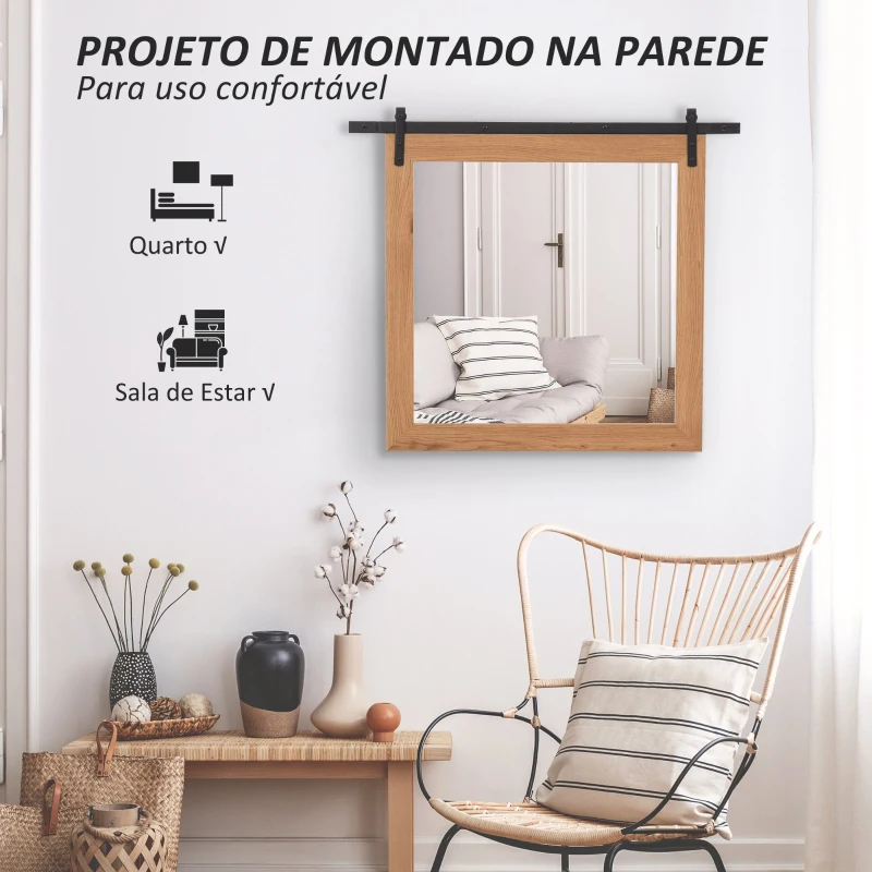 HOMCOM Espelho de banheiro montado na parede com desenho de porta deslizante de celeiro 84x2x74 cm Madeira e preto
