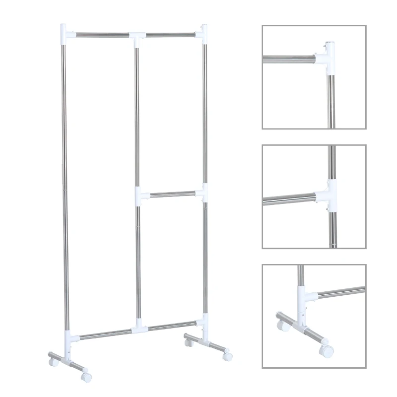 HomCom Cabide com Rodinhas para Pendurar e Secar Roupa Aço Inox. - Cor Prateado - 87,5x43x175,5 cm