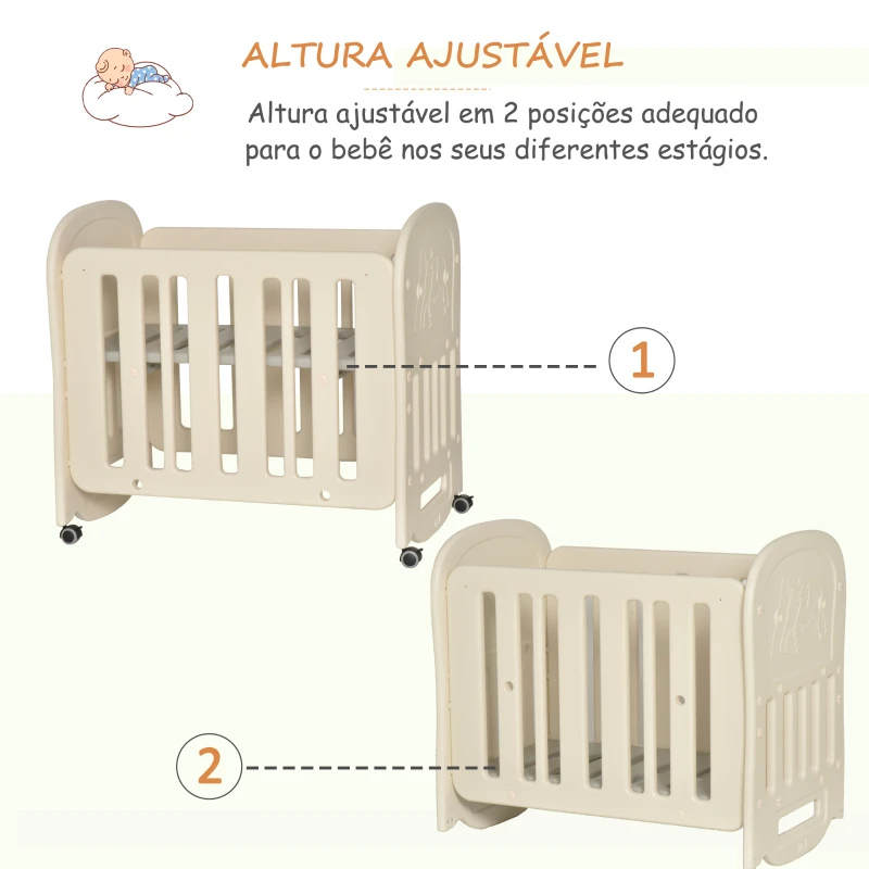 HOMCOM Berço para bebê 0-3 anos ajustável em 2 alturas conversível em balanço carga 25kg 107x70x100 cm bege