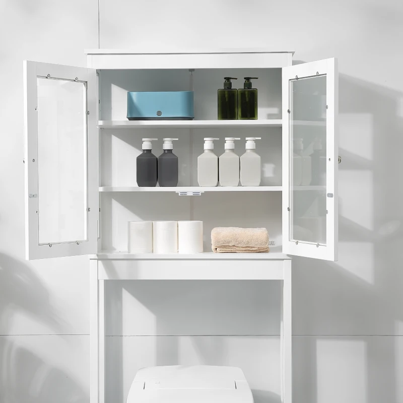 kleankin Armário de banheiro sobre vaso sanitário Armário alto para máquina de lavar com portas de vidro e prateleira interna ajustável 70x24,5x160 cm Branco