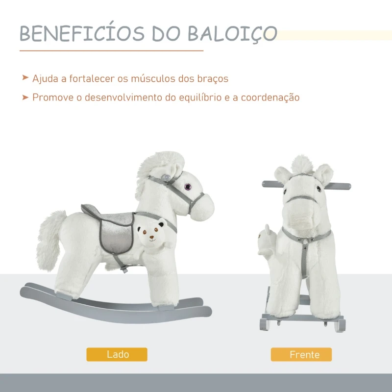 HOMCOM Cavalo Baloiço para Crianças de 18-36 Meses Cavalo de Balançar com Ursinho de Pelúcia Sons de Relinchos e Galopes base de Madeira 65x26x55cm Branco