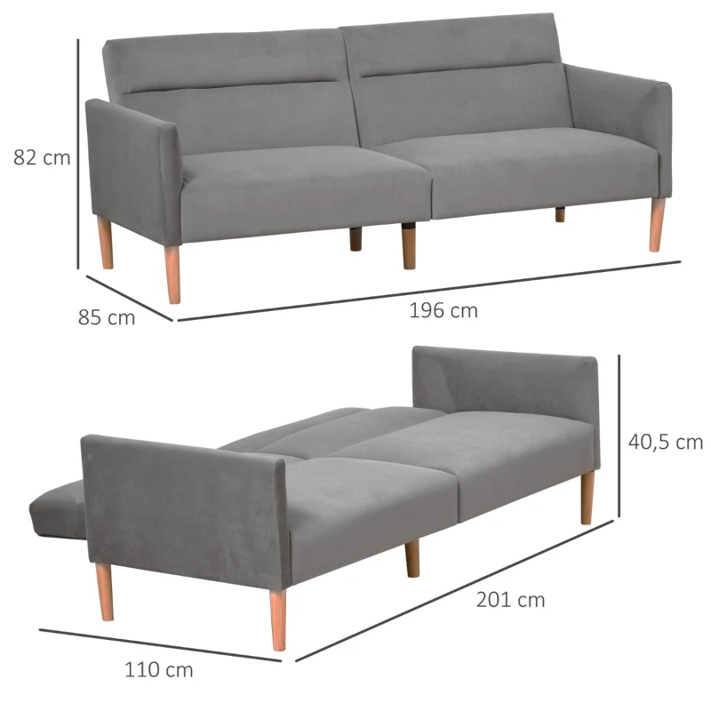 HOMCOM Sofá Cama Convertível e Reclinável com Apoios de Braços e 2 Encostos Ajustáveis Separadamente em 3 Posições Aveludado 196x85x82 cm Cinza