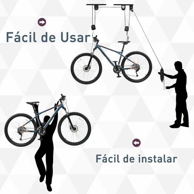 HOMCOM Suporte de bicicletas de teto  Roldanas  Cordas Altura Ajustável 25,1x 8,7x 1,5 cm carga 20kg