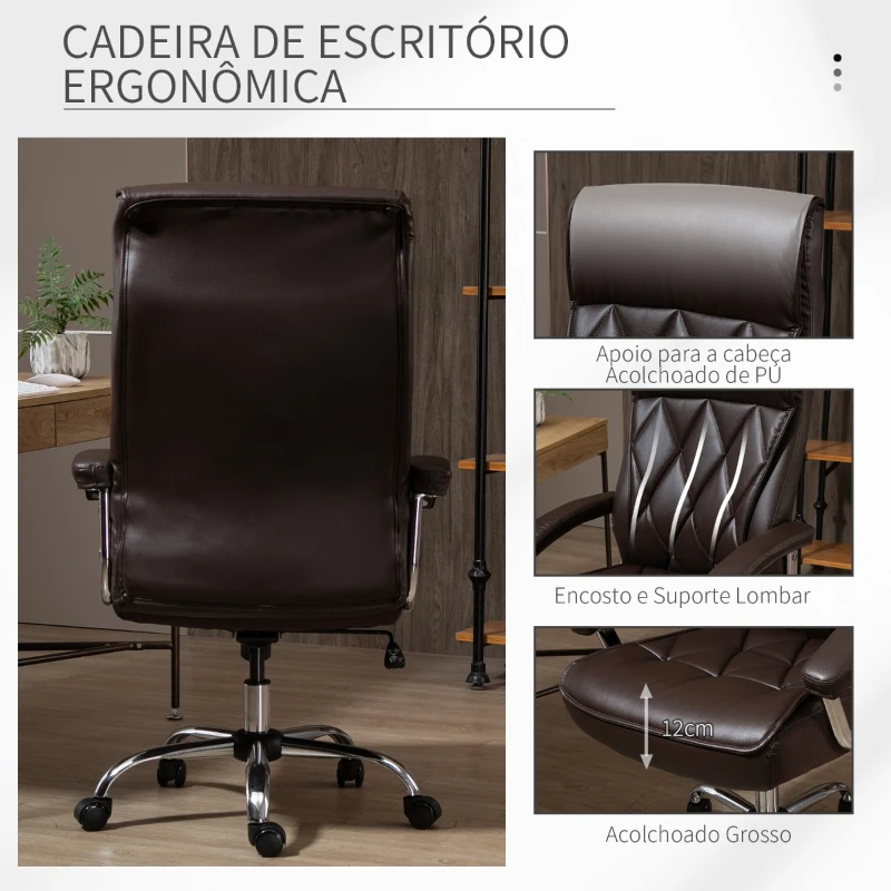 Vinsetto Cadeira de Escritório Ergonômica Giratória e Basculante com Altura Ajustável Encosto Alto e Apoio para a cabeça Acolchoado Pele Sintética 66x69x113-121cm Marrom