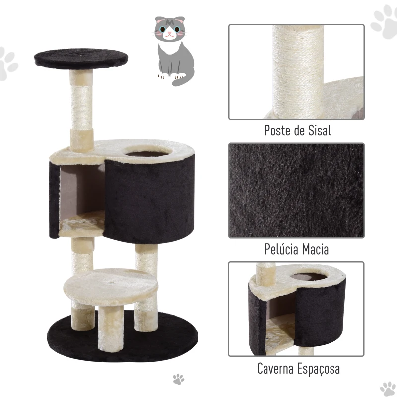 PawHut Arranhador Gato Creme e Preto Peluche 50 x 40 x 98 cm