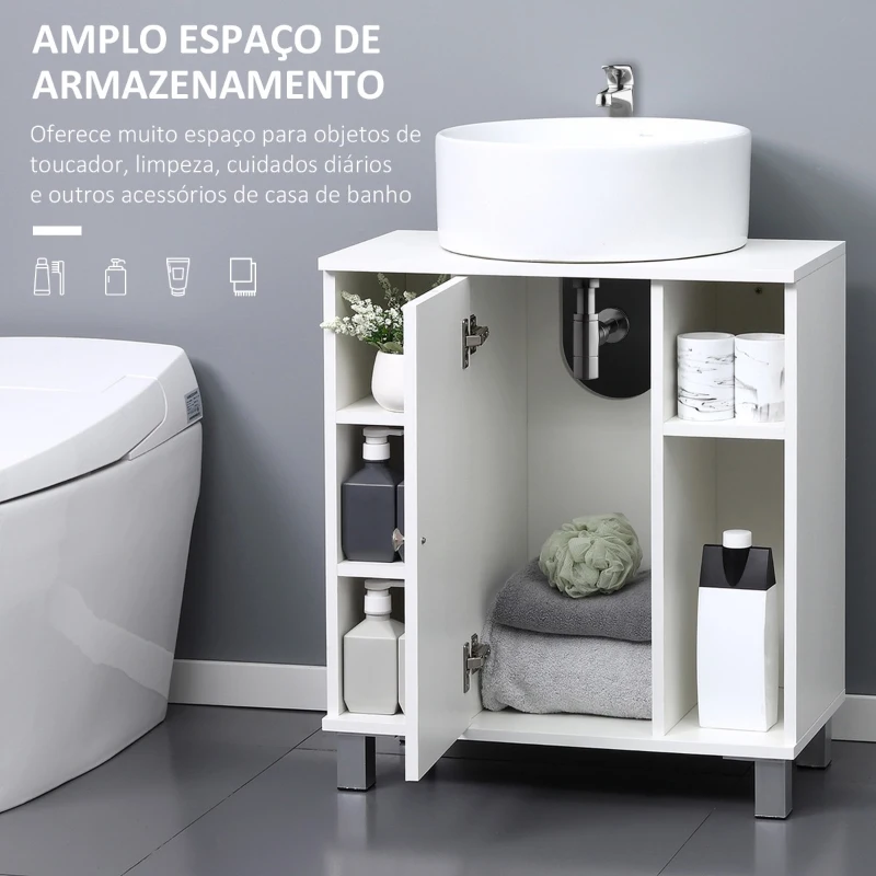 Kleankin Armário Casa de Banho Móvel para Lavatório de Madeira com 5 Compartimentos Abertos 1 Porta Desenho Compacto Moderno 60x30x68cm Branco
