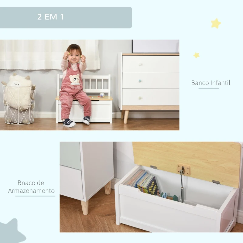 HOMCOM Organizador de Brinquedos para crianças acima de 2 anos Banco de Armazenamento Infantil de Madeira de Pinho com Tampa de Amortecimento e Encosto Alto para Sala de Jogos quarto 60x30x50cm Banco