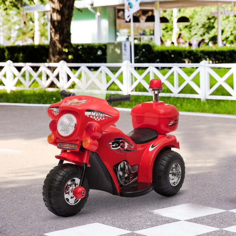 HOMCOM Mota Elétrica para Crianças de 18-36 Meses Motocicleta Infantil com 3 Rodas e Bateria 6V com Música Buzina Farol Baú 80x35x52cm Vermelho