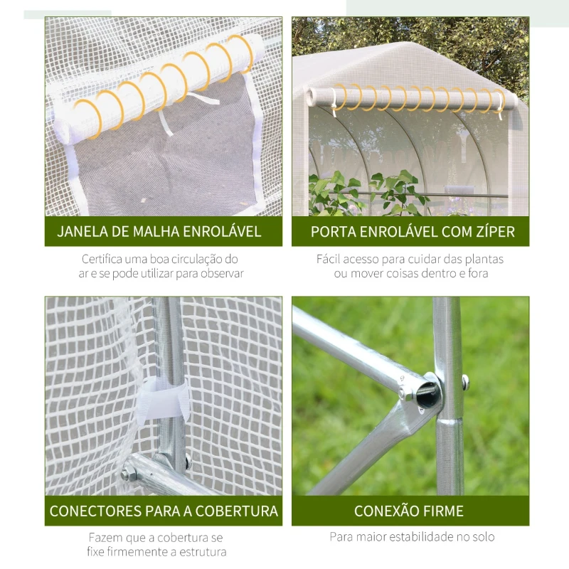 Outsunny Estufa Tipo Túnel 595x300x200cm Estufa de Jardim Grande com 12 Janelas e Porta Enrolável com Zíper para Cultivo de Plantas Branco