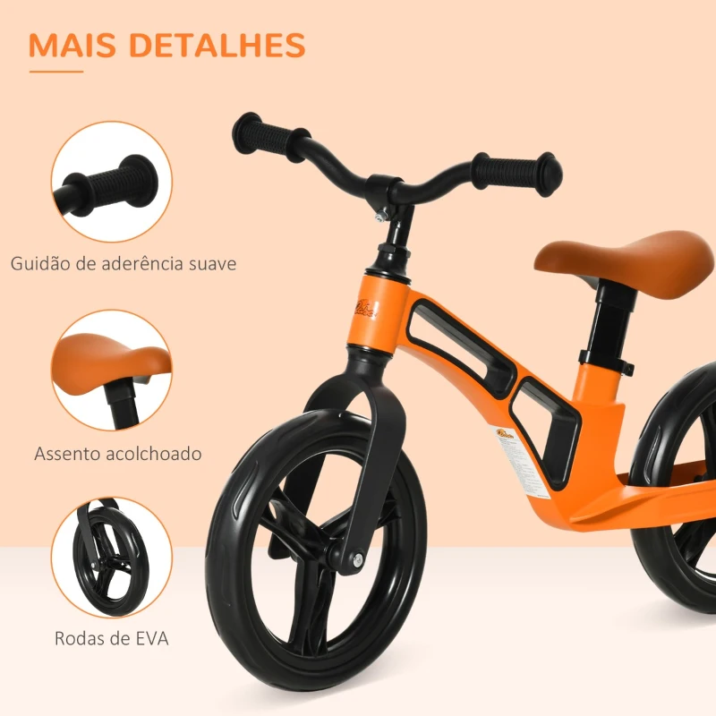 HOMCOM Bicicleta sem Pedais para Crianças de 2 a 5 anos Bicicleta de Equilibrio Infantil com Assento e Guidão Ajustáveis 86x41x49-56cm Laranja