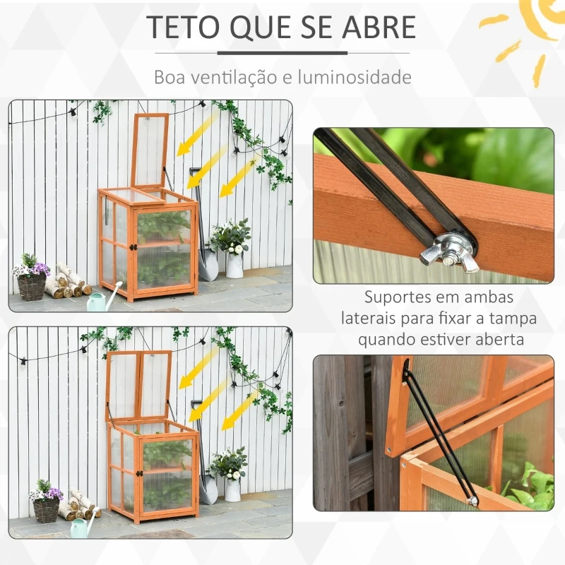 Outsunny Mini Estufa de Jardim de Madeira e Painéis de Policarbonato com 2 Prateleiras Tampa e Portas para Plantas e Cultivos 62x63x82cm Madeira Natural