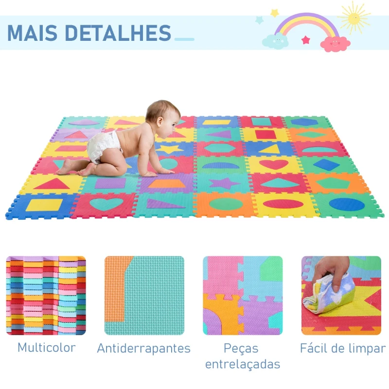 HOMCOM 36 peças Tapete Puzzle Infantil 31x31x1 cm com 18 figuras geométricas Tapete macio 3,24 ㎡ Multicor