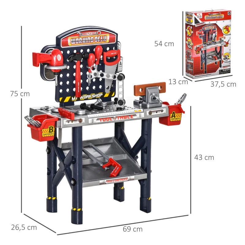 HOMCOM Bancada de Ferramentas para Crianças acima de 3 Anos Inclui 55 peças com Berbequim Elétrico Chave Inglesa Alicates Brinquedo de Aprendizagem 69x26,5x75cm Multicor