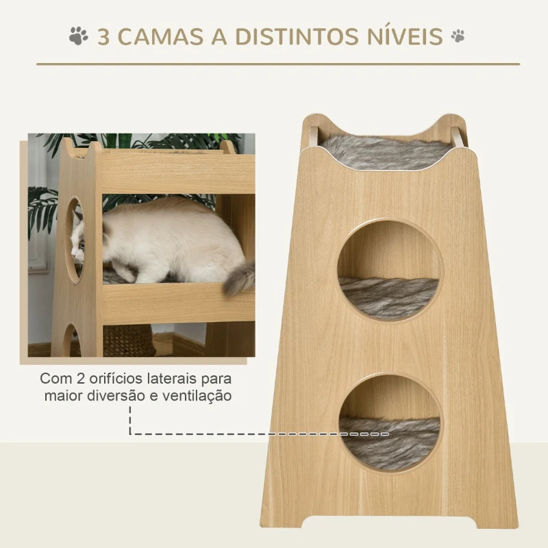 PawHut Cama para Gatos de 3 Níveis com Almofadas Removíveis e várias Entradas Móveis de atividades para gatos 50x43x74 cm Cor de madeira natural