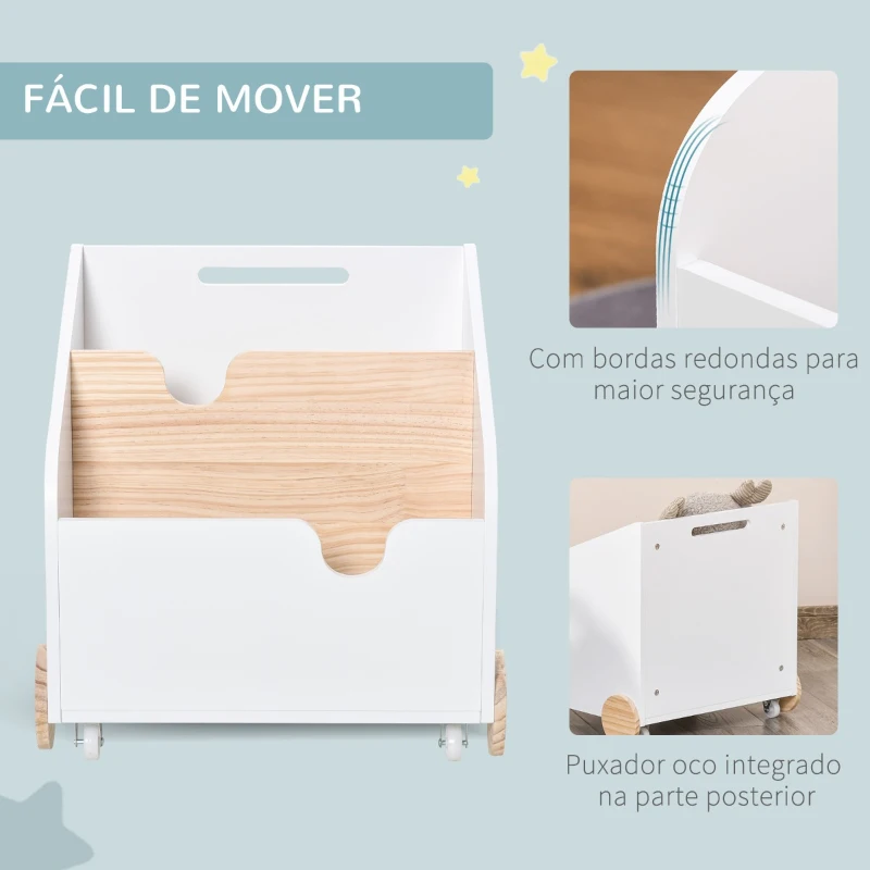 HOMCOM Caixa de Armazenamento de Brinquedos de 2 Seções com Rodas Puxador Carrinho de Madeira Infantil 40x43x43cm Branco e Madeira Natural