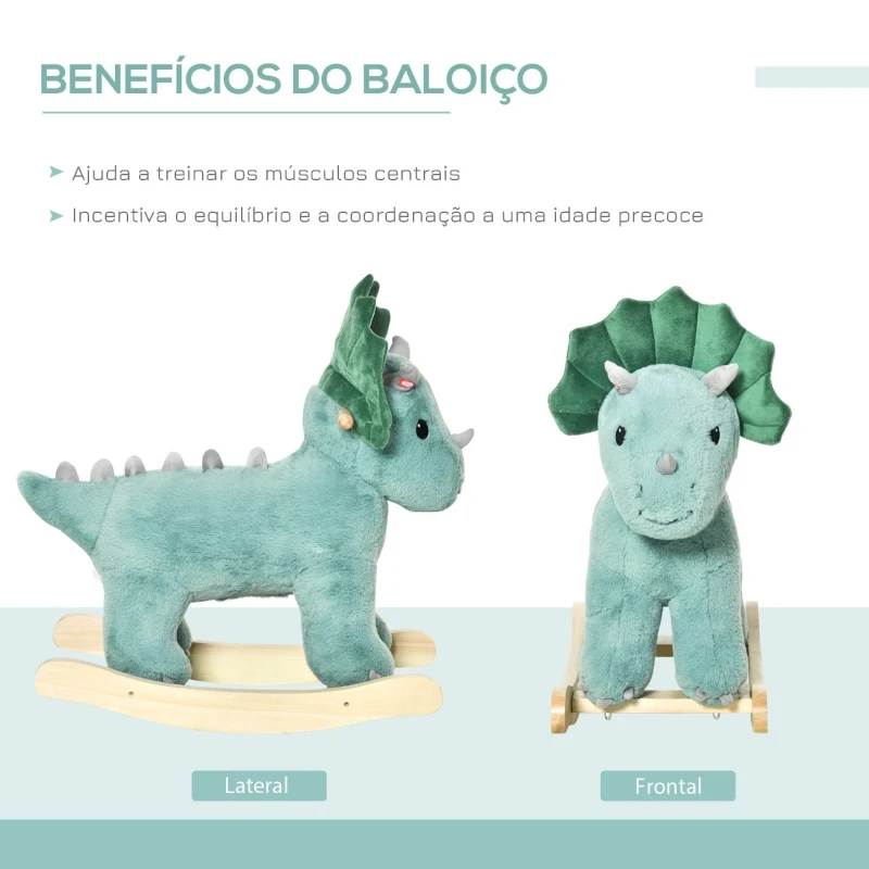 HOMCOM Baloiço Infantil de Dinossauro para Crianças acima de 3 Anos Baloiço com Sons Realistas de Pelúcia e Base de Madeira Carga 45kg 64x30x54cm Verde Escuro