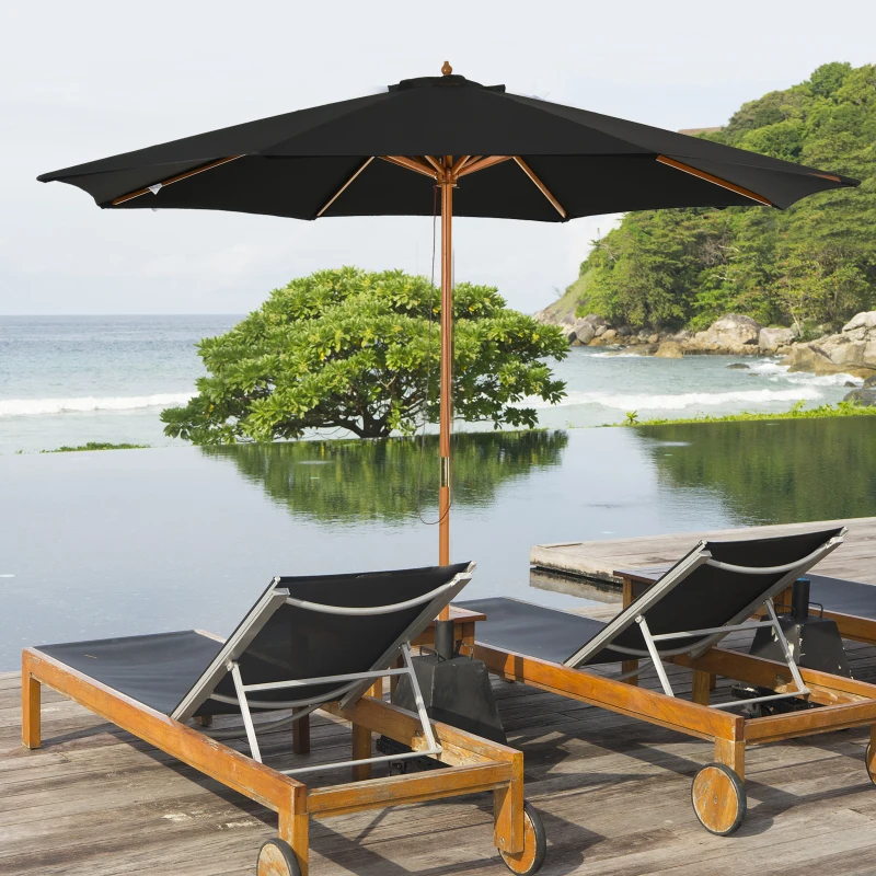 Outsunny Chapéu de Sol de Jardim Ø300x250cm com Sistema de Polia Teto Ventilado e Mastro Desmontável de Madeira para Terraço Pátio Exterior Preto