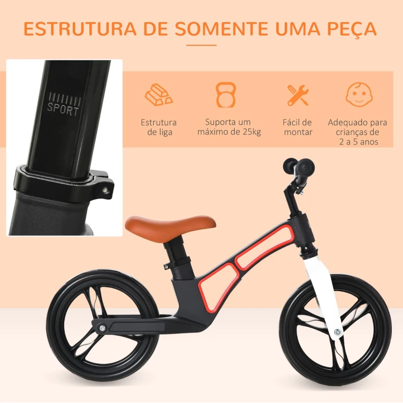 HOMCOM Bicicleta sem Pedais para Crianças de 2 a 5 anos Bicicleta de Equilibrio Infantil com Assento e Guidão Ajustáveis 86x41x49-56cm Preto